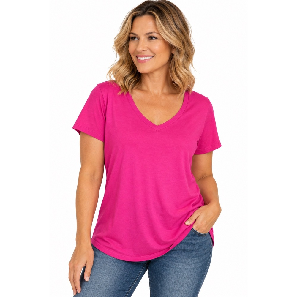 Soft Surroundings XL Hot Pink V-Neck Short Sleeve Tee Top Cotton Stretch Relaxed